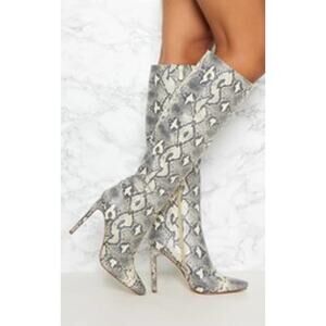 PrettyLittleThing Beige Snakeskin Knee High Boots Size 5